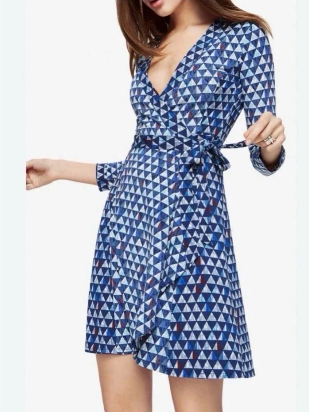 BCBGMaxAzria Navy and Light Blue Geometric Wrap Dress Shirt NWT MEDIUM